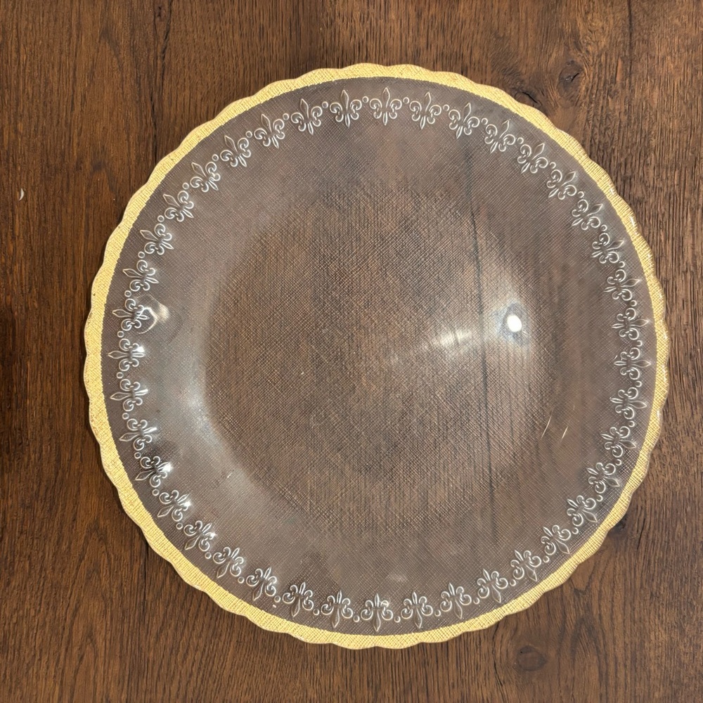 12.5” glass gold rimmed platter and fleur de lis